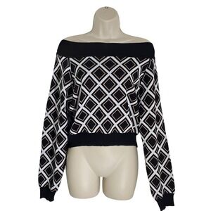 THE SANG Off Shoulder Diamond Print Sweater Black Taupe Womens 1X